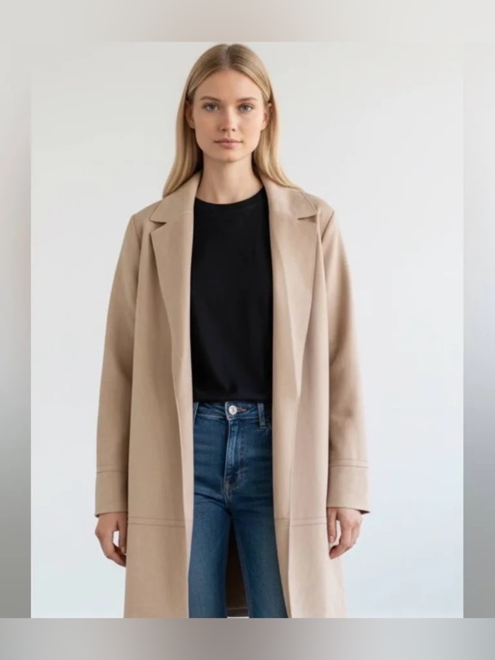 Zara Beige Long Open-Front faux suede coat